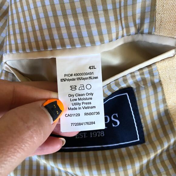 Chaps Linen Blend Blazer Tan Herringbone Sport Coat Jacket Size 42L Preppy - Picture 8 of 12